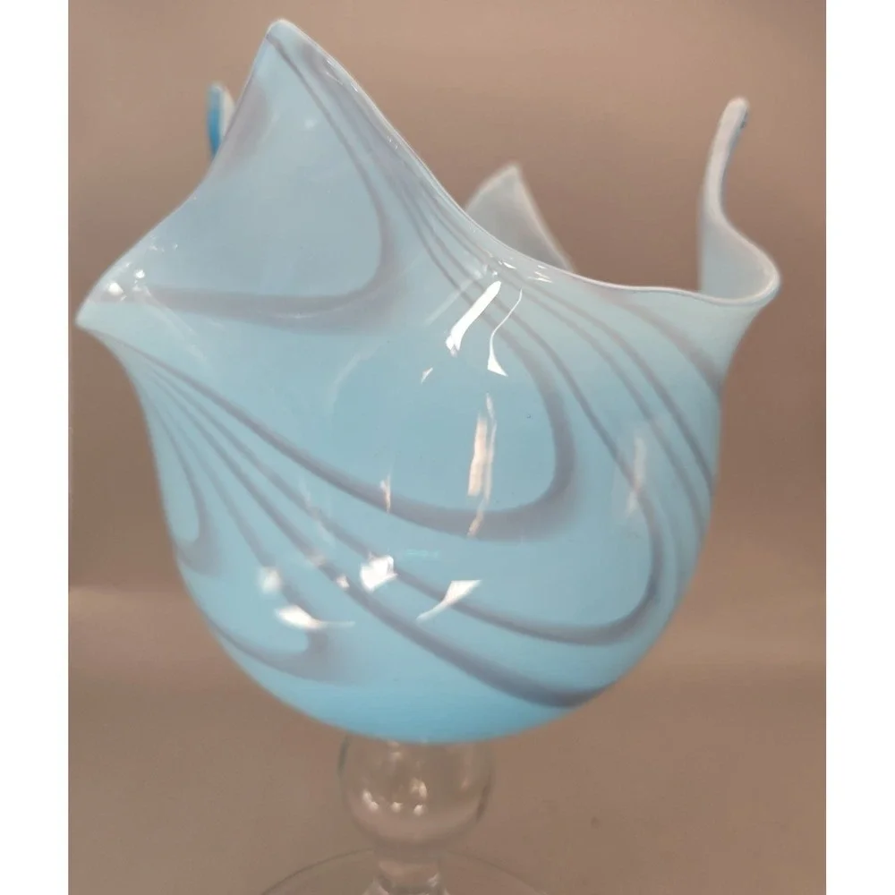 Vintage Pedestal‎ Vase Murano Fazzoletto Sky Blue Italian Hankerchief
